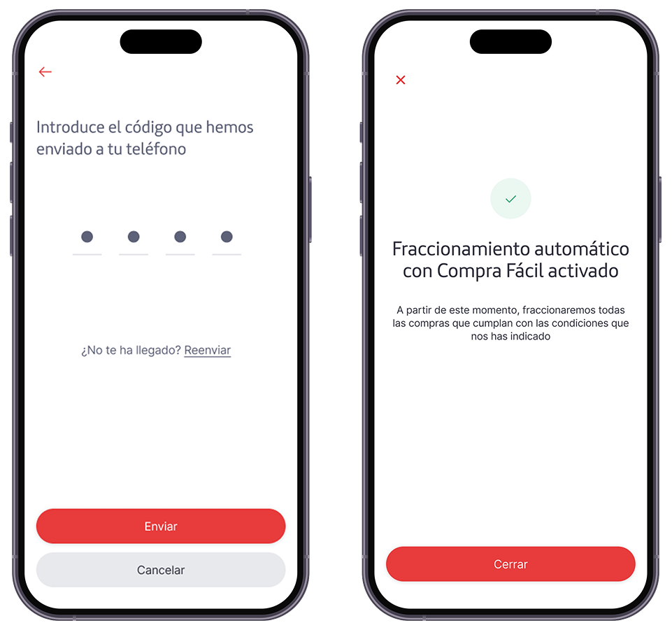 Introduce el código enviado y fracciona compras